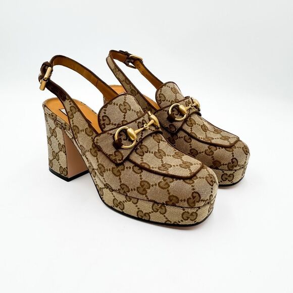 Gucci GG Horsebit Platform Slingback Square Toe Pumps New 37 US 7 - Picture 1 of 15